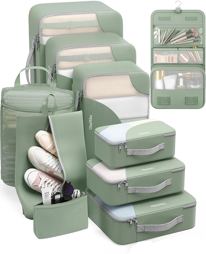 10 Set Packing Cubes for Travel, Gifts for Women Mom,Anti-Tearing Suitcase Organizer for Luggage with Shoe & Hanging Toiletry Bag,OlarHike Vacation Essentials & Accessories for Cruise Ship