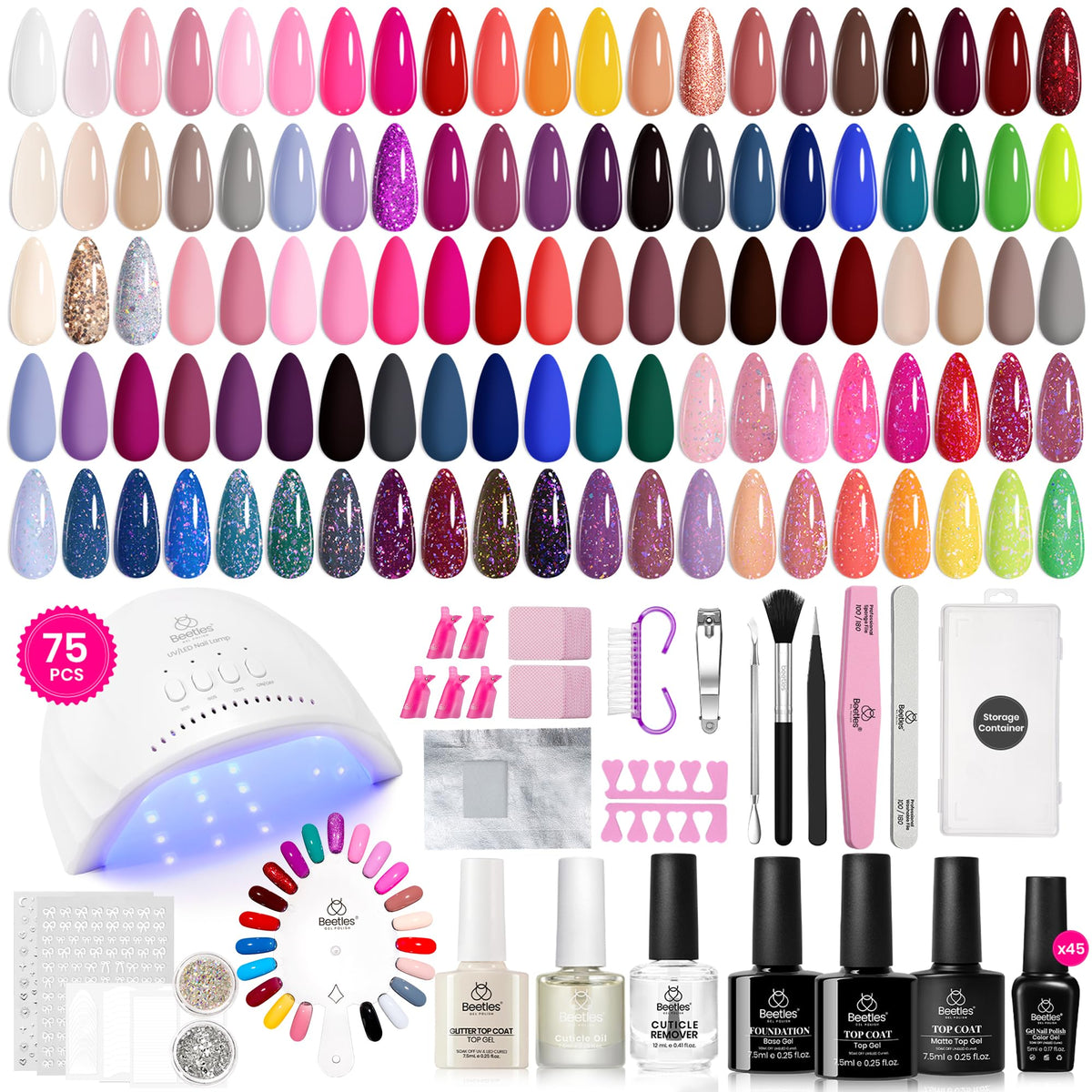 Beetles Gel Nail Kit with U V Light - 75PCS Chic Outfits 45 Colors Gel Nail Polish Set All Season Nail Kit with 5PCS Base Top Coat Soak Off at Home Nails Kit Perfect Manicure Tool Set Gifts for Women