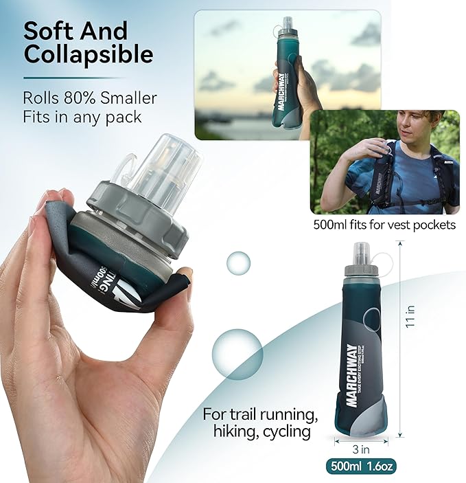 MARCHWAY Soft Hydration Flask with Wide Mouth, 300ml/500ml Collapsible TPU Water Bottle, Leakproof Portable Flexible for Running, Hiking, Cycling, Climbing, Gym, Travel (2pcs Blackish Green 500ml)