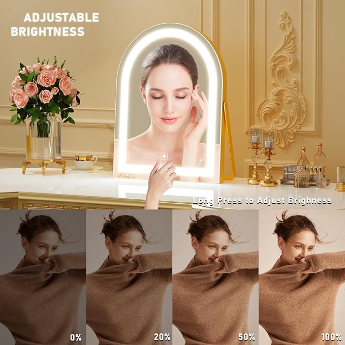 Vanity Mirror with Lights, 16" Light Up Makeup Mirror, LED Makeup Mirror with Lights for Bedroom Tabletop, Smart Touch Control 3 Colors Dimmable, 360° Rotation Gold