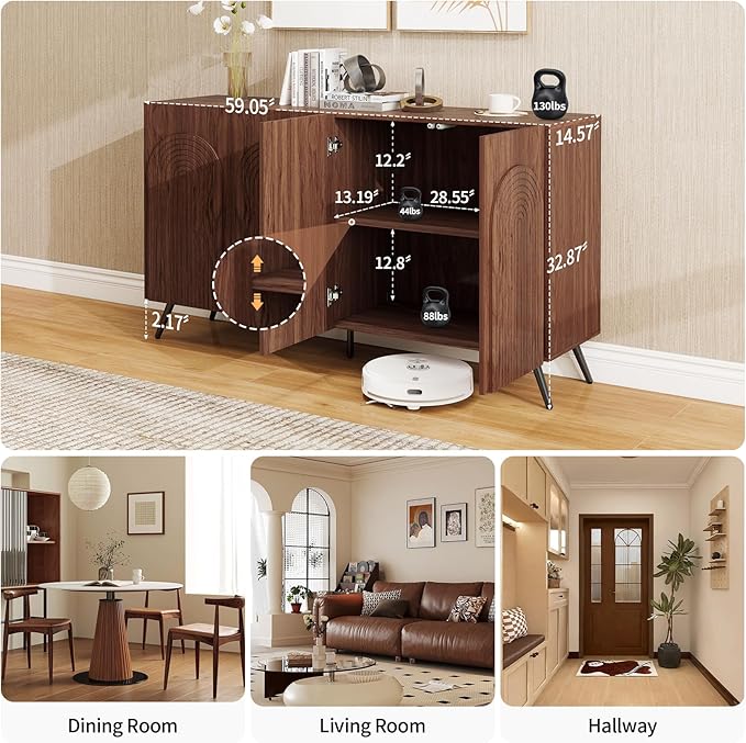 59" Sideboard Buffet Cabinet with Adjustable Shelves, Modern Storage Cabinet with Arched 3D Carved Wood Doors, Credenza Accent Cabinet for Living Room, Dining Room, Entryway,Walnut