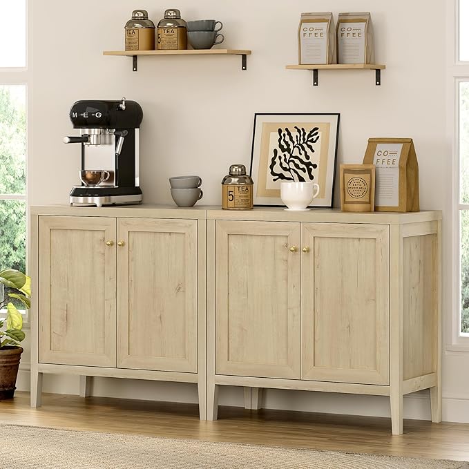 63" Large Buffet Cabinets Set of 2, Farmhouse Sideboard Cabinet with Storage, Accent Credenza Cabinet, Wood Kitchen Cabinets, Coffee Bar Console Table for Living, Dining Room, Light Oak