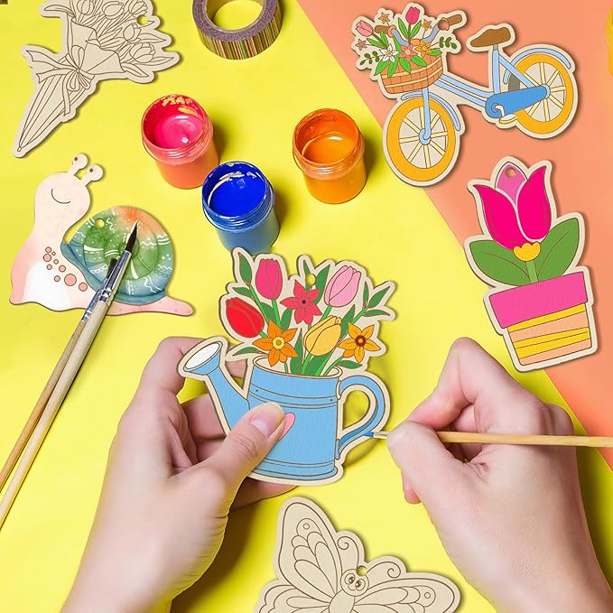 36 PCS Wooden Spring Ornaments to Paint, 12 Styles DIY Blank Unfinished Wood Flower Cutouts Butterfly Ornament for Crafts Hanging Decorations, Cute Bee Flower Shape Home Decorations Gifts