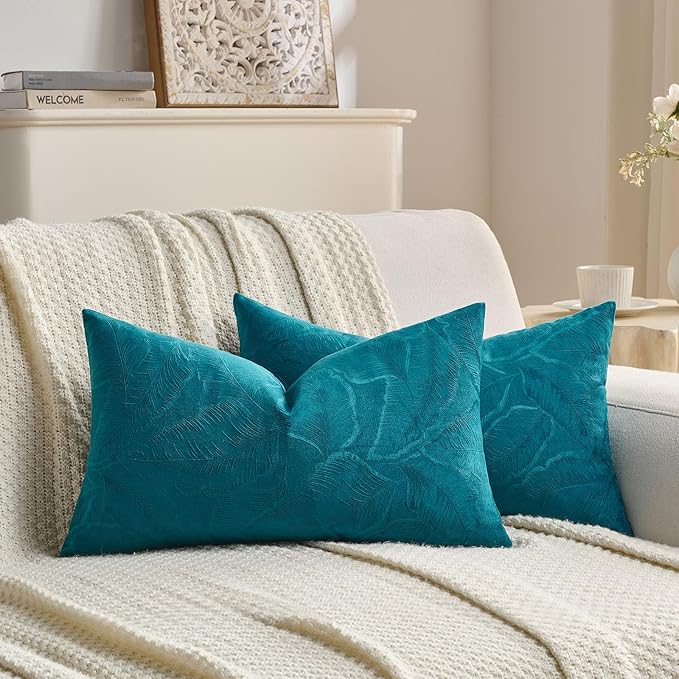 FUTEI Teal Velvet Throw Pillow Covers 12x20 Inch Set of 2,Soft Embossed Leaf-Relief Textured Lumbar Pillow Cases,Natural Home Decor for Couch Living Room
