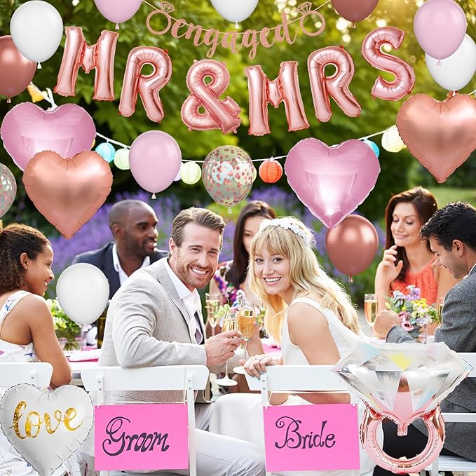 Rose Gold Engagement Party Decorations, MR and MRS Balloons Decor, Pink White Confetti Balloons, Love Heart and Diamond Ring Foil Balloon with Engaged Banner for Wedding Engagement Party Decoration
