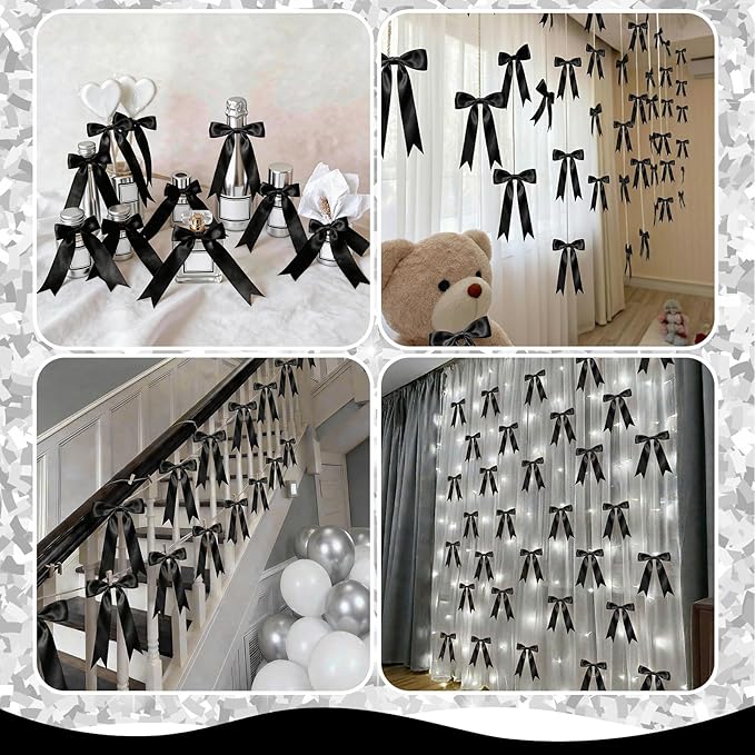 2 Strings Black Bow Garland Banner Decorations, 16Pcs Pre-Strung Satin Ribbon with 6.7ft Chain for Women Ribbon Bow Banner Coquette Room 30th Birthday Bridal Shower Wedding Bachelorette Party Decor