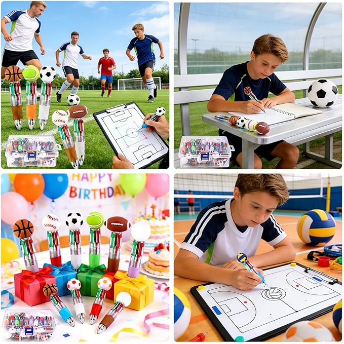 30pcs Mini Multicolor Pens in One 4-in-1 Cute Bulk Pens,Sport Soccer Rugby Basketball Retractable Pens Set for Sport Fans Valentines Party Favors Supplies Rewards Holiday Gifts
