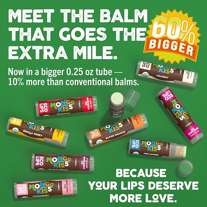 Eco Lips Mongo Kiss Organic Lip Balm 4 Pack Blood Orange, Yumberry, Strawberry Lavender, Black Cherry - 100 Percent USDA Organic - Soothe, Moisturize Dry