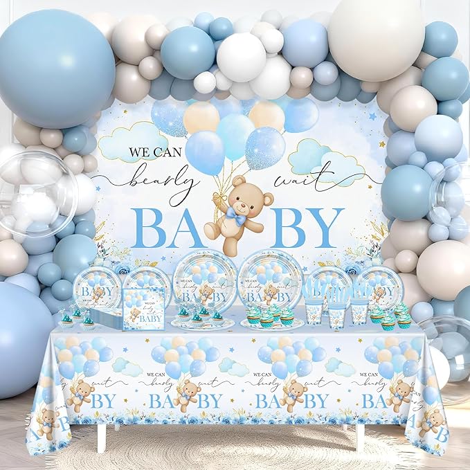 270 Pcs Blue Bear Baby Shower Decorations: We Can Bearly Wait Baby Shower Banner Disposable Plates Napkins Cups Tablecloth Balloons for Boy Serve 24