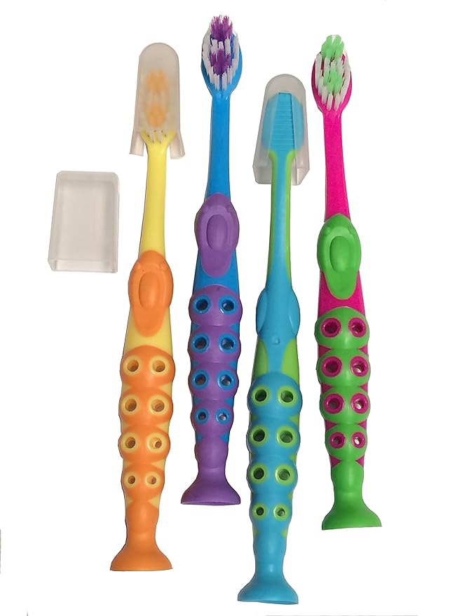 Secret for Longevity 4 Pack BPA Free Extra Soft Kids Childrens Toddler Child Toothbrush Set Easy Grip (3-8 Year Old)