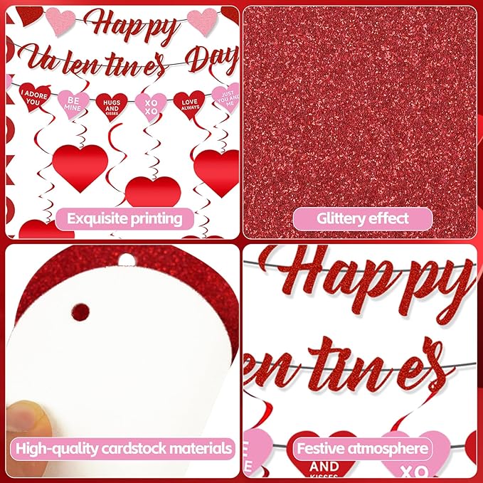 Valentines Day Decorations Set for Party, Happy Valentines Banner, XO Garlands, Hanging Swirls Heart Decor for Home Wedding Anniversary Party Supplies (Valentines)