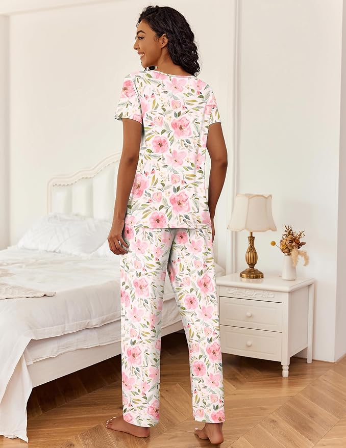 Ekouaer 2 Piece Womens Pajamas V Neck Short Sleeve Top and Long Pants Pjs Print Lounge Set Sleepwear