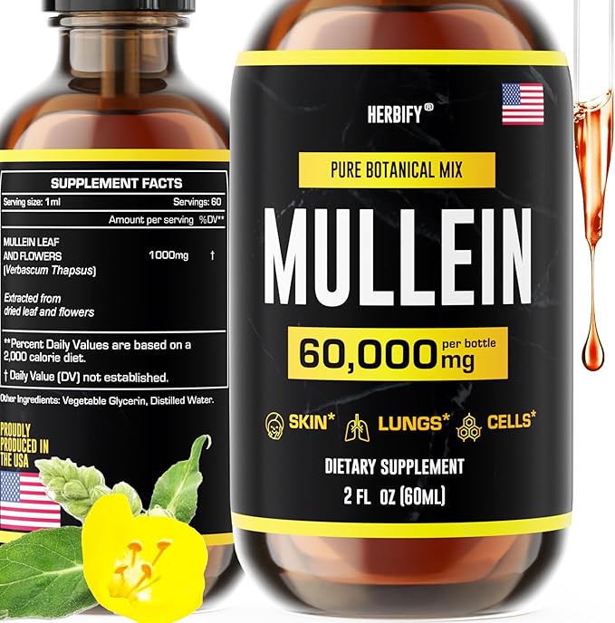 HERBIFY Mullein Extract 2 oz Tincture for Respiratory Health, Mullein Leaf and Flowers Blend (Verbascum Densiflorum)