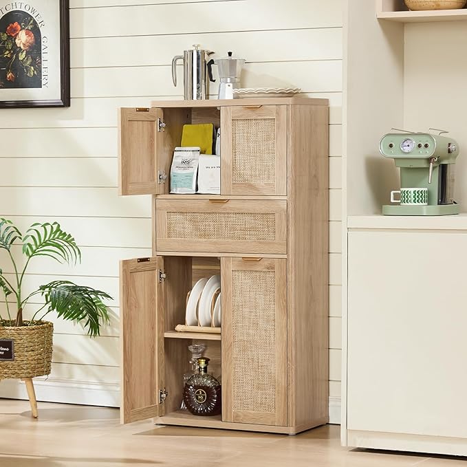LEYAOYAO 48" Tall Storage Cabinet,Rattan Bathroom Floor Cabinets with 4 Doors & 1Drawer,Boho Kitchen Pantry with Adjustable Shelves,Wooden Cupboard for Living Room,Home Office,Dining,Natural Wood