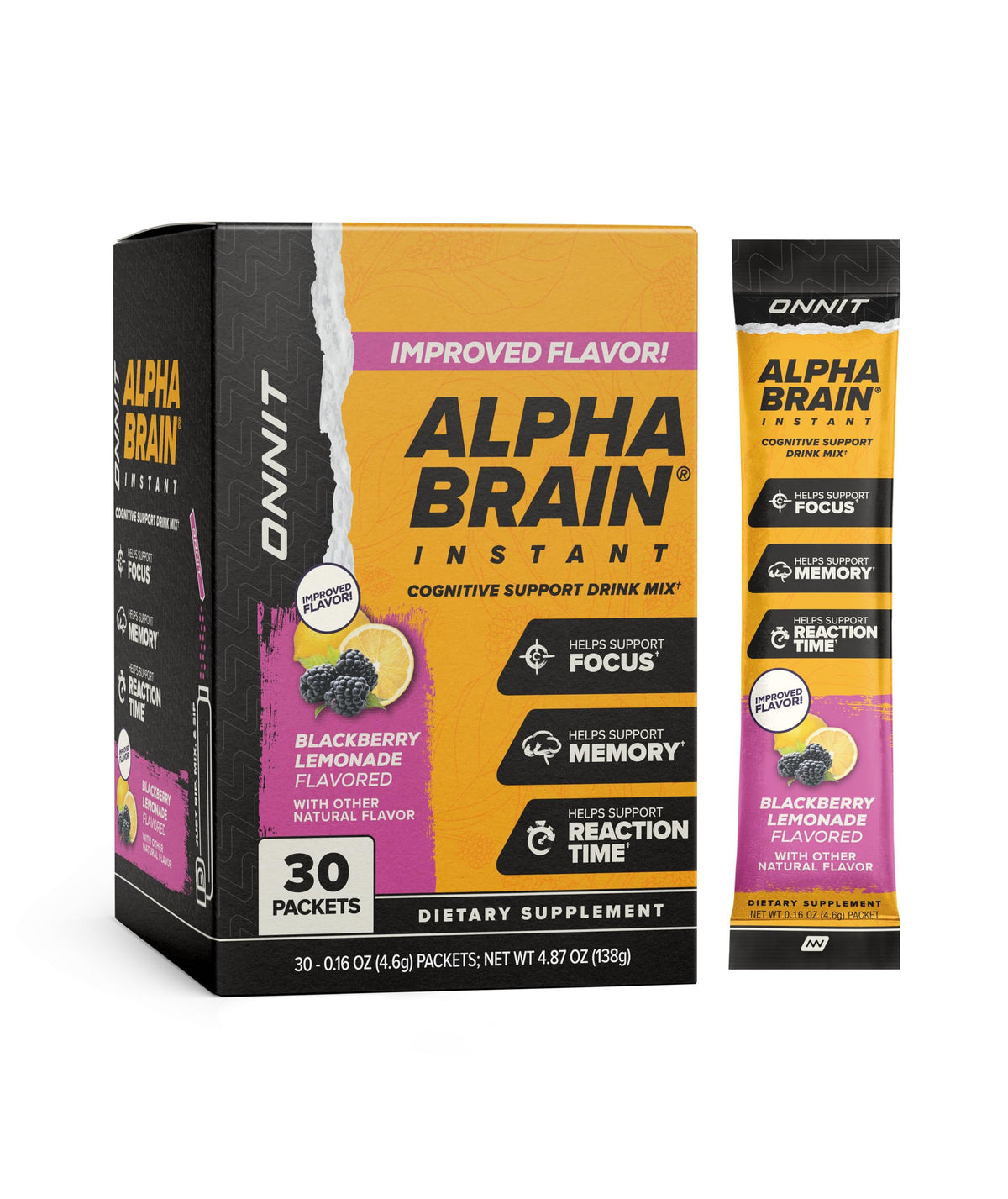 ONNIT Alpha Brain Instant Cognitive Support Drink Mix, BlackBerry Lemonade Flavor, Nootropic Supplement for Focus, Memory, and Clarity, 0.13 oz Packets, 30 Count