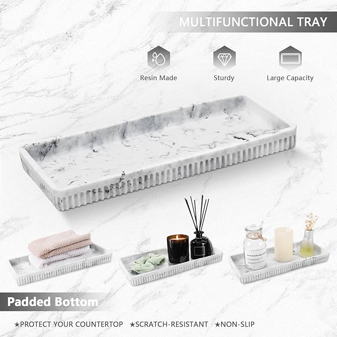 Resin White Marble Bathroom Accessories Set 5 Pcs, Lotion Soap Dispenser, Toothbrush Holder, Bathroom Tumbler, Qtip Holder and Vanity Tray, Bathroom Countertop Organizer Set for Home Apartment