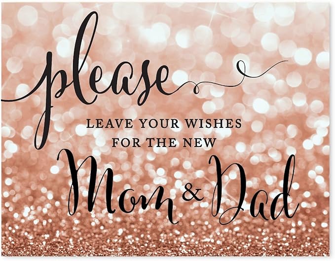 Andaz Press Baby Shower Party Signs, Glitzy Rose Gold Glitter, 8.5x11-inch, Please Leave Your Wishes for the New Mom & Dad Sign, 1-Pack, Bokeh Colored Party Supplies