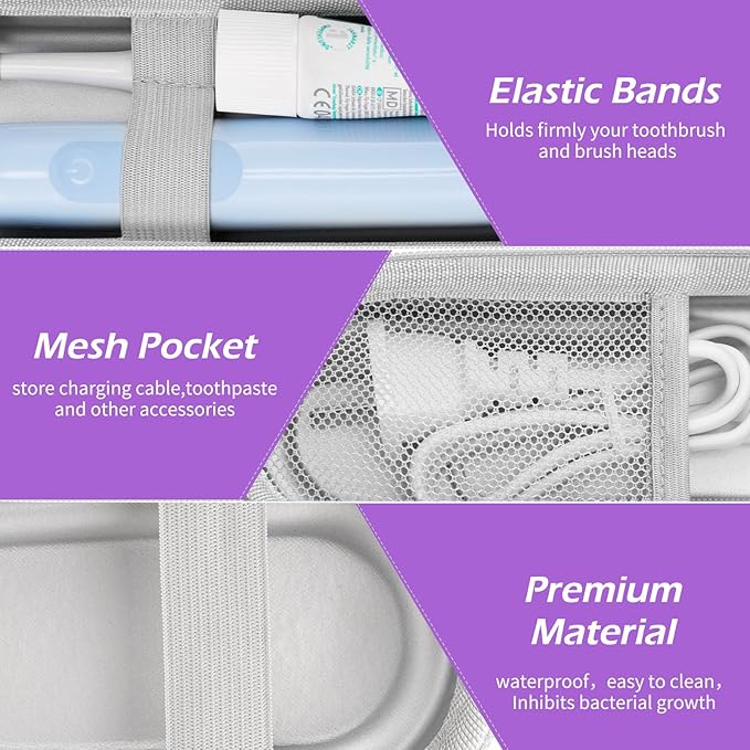 TYSORETY Toothbrush Travel Case for Oral B/Oral-B Pro 1000 1500 5000 7000 & Philips Sonicare 4100 1100 5300 5100 6100/iO Electric Toothbrush, Hard Protective Storage Bag (Light purple)