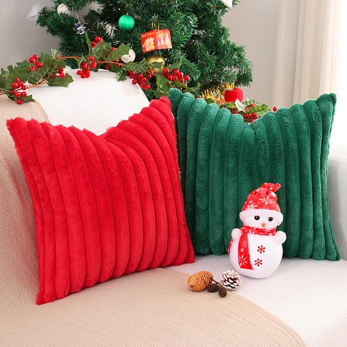 Pallene Faux Fur Plush Christmas Throw Pillow Covers 18x18 Set of 2, Luxury Soft Fluffy Striped Decorative Pillow Covers for Sofa, Couch, Living Room, Red