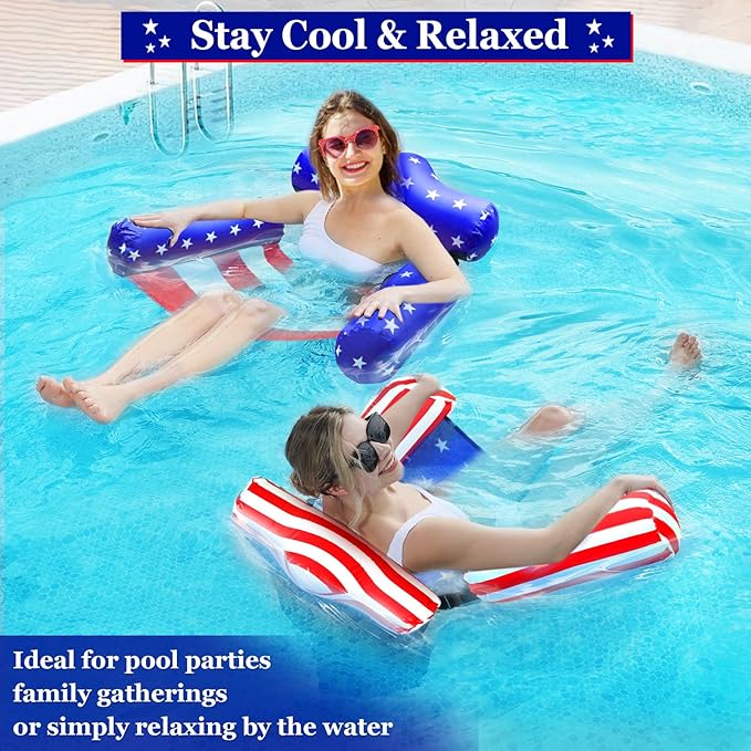 2 Pack 4th of July Inflatable Pool Floats Chair, 250th Anniversary American Flag Adjustable Pool Chair Lounger for Adults Heavy Duty, Blow Up Floating Swimming Water Chairs for Party Summer Lake Fun
