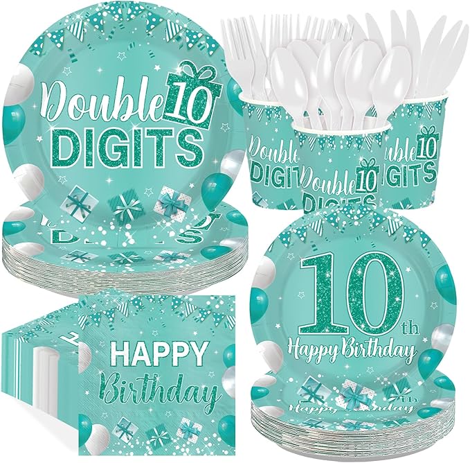 168Pcs 10th Teal and Silver Birthday Party Decorations Double Digits Theme Plates and Napkins Cups Forks Tableware Sets for Boys Girls Green Silver 10 Years Old Birthday Party Supplies Serves 24