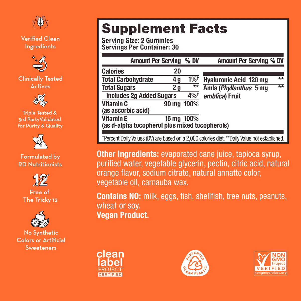 HUM Hyaluronic Glow Hydrating Skin Care Supplement, with Low Molecular Hyaluronic Acid, Vitamin C from Amla Fruit, and Vitamin E, Antioxidant Support for Skin Hydration, Tangerine, 60 Vegan Gummies