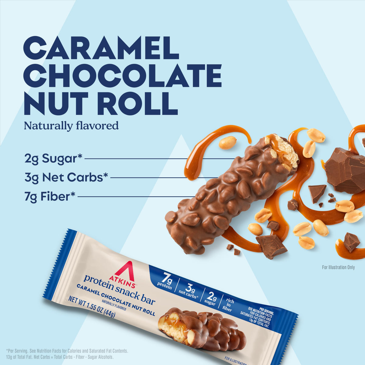 Atkins Caramel Chocolate Nut Roll Snack Bar, Protein Snack , 7g Protein, 2g Sugar, High Fiber Snack, 16 Count