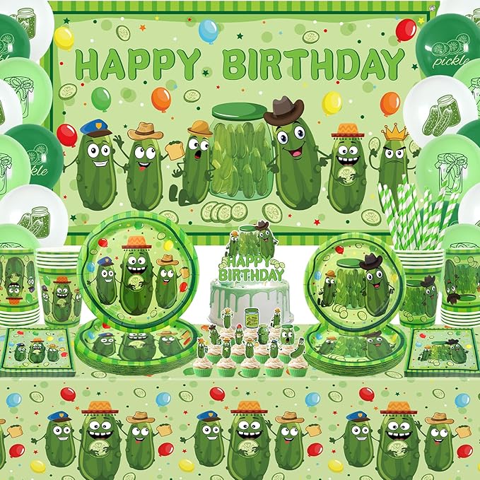 Pickle Birthday Decorations - Pickle Party Tableware, Plates Cups Napkins Pickle Party Tablecloth Happy Birthday Backdrop Balloons Cake Toppers for Pickle Birthday Supplie