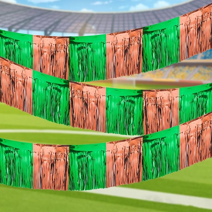 4 Packs 10 Feet Long Foil Fringe Football Parade Float Decorations for Trailer Superbowl Tinsel Garland Tinsel Green Brown Homecoming Metallic Car Streamers Super Ball Party Hanging Banner Backdrop
