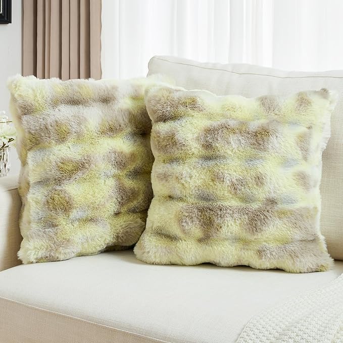 FUTEI Green White Decorative Throw Pillow Covers 20x20 Inch Set of 2,Soft Fuzzy Faux Rabbit Fur Cushion Covers with Raised Texture,Neutral Boho Home Decor for Couch Bed Living Room