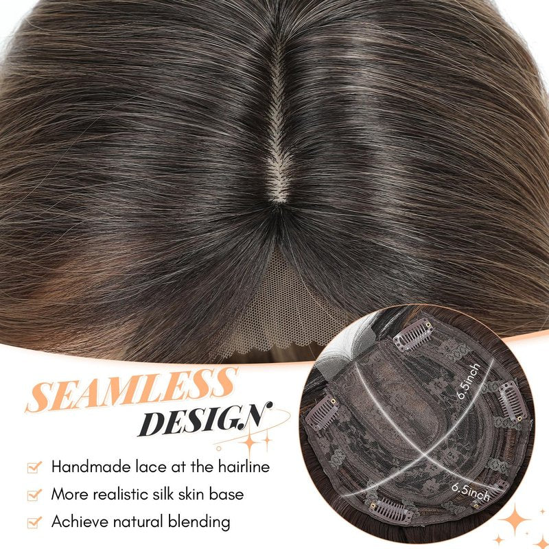 UDU 20Inch Ombre Brown Wavy Hair Topper for Women, Long Hair Topper with Natural Coverage, Clip in Hairpiece for Thinning Hair, Invisible Natural Coverage Top Piece