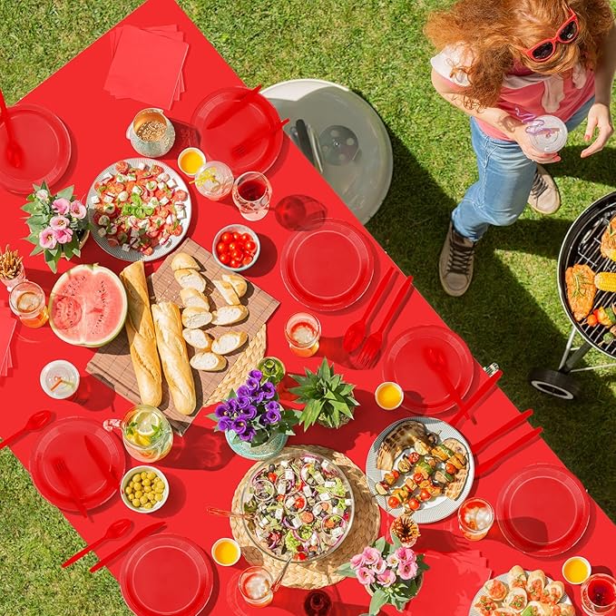 TWOWYHI 229PCS Red Party Supplies Set Paper Disposable Plates Cups Plastic Spoons Forks Knives Red Napkins for 30 Guests Disposable Party Dinnerware Sets for Wedding Birthday Parties