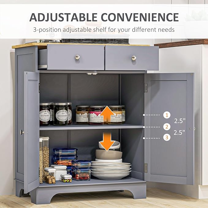 HOMCOM Sideboard with Solid Wood Countertop, Modern Kitchen Storage Cabinet, Coffee Bar Cabinet with 2 Drawers, Doors and Adjustable Shelf, Gray