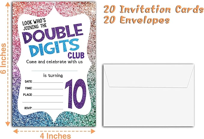10th Birthday Party Invitations, 20-Count Fill-in Style Birthday Party Invites With Envelopes-HBYQK-B34