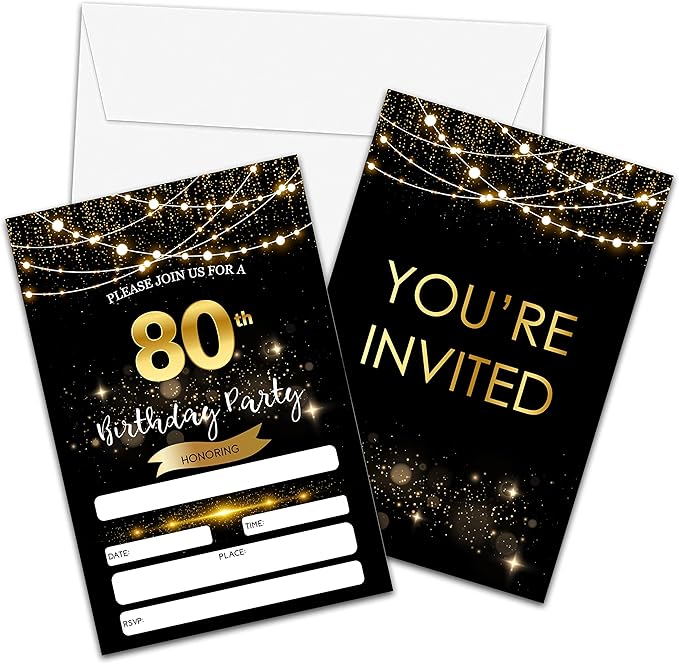 80th Birthday Invitations with Envelopes - Black Gold Glitter Fill-in Invites Cards - Surprise Birthday Party Invitation Card for Him/Her - Adults Birthday Party Favors Supplies Decorations (20 Pack)