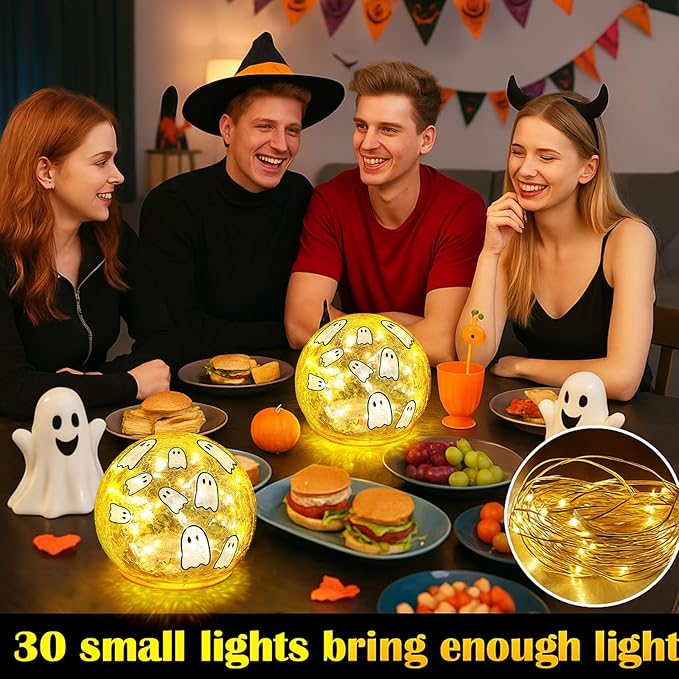 2 Pcs Halloween Decorations Indoor 4" Ghost Crackle Glass Globe Ball Lamp Night Lights with LED Timer Battery Operated Lighted Decorative Tabletop Decor for Table Home Centerpiece Party Gift