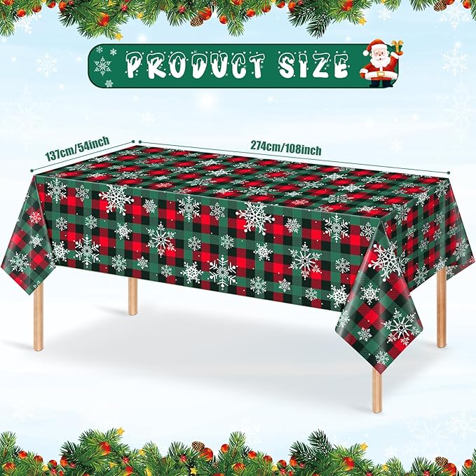 6Pcs Christmas Buffalo Plaid Snowflake Party Tablecloths Decorations,Plastic Red and Green Checkered Rectangle Table Cover for Winter Christmas New Year Birthday Holiday Party Decorations,54x108 inch