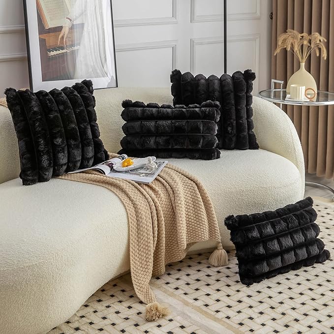 Neelvin Black Faux Fur Cozy Soft Plaid Decorative Throw Pillow Covers 12x20 inch Set of 2,Velvet Pillowcase Cushion Case for Sofa Couch