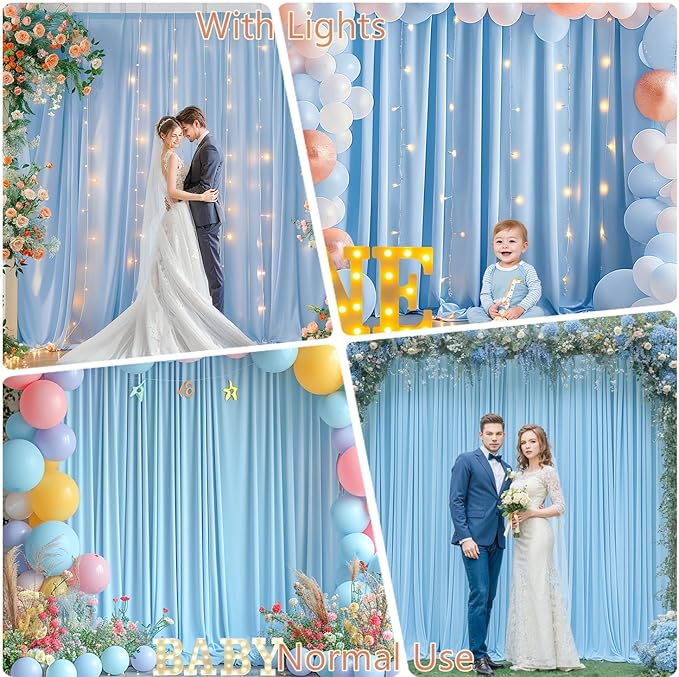 20 x 10ft Baby Blue Backdrop Curtains with Lights String for Baby Shower Photo Backdrop Drapes Wrinkle Free Polyester Long Curtains for Parties Wedding Reception Bridal Shower Ceremony-5 x 10ft 4Panel
