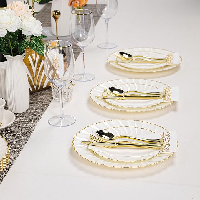 Lullaby 140PCS Elegant Disposable Dinnerware Set – 40 Ivory Scalloped Gold-Trim Plates (20 Dinner, 20 Dessert), 40 Forks, 20 Spoons, 20 Knives & 20 Napkins – Fancy Plastic Plates for 20 Guests