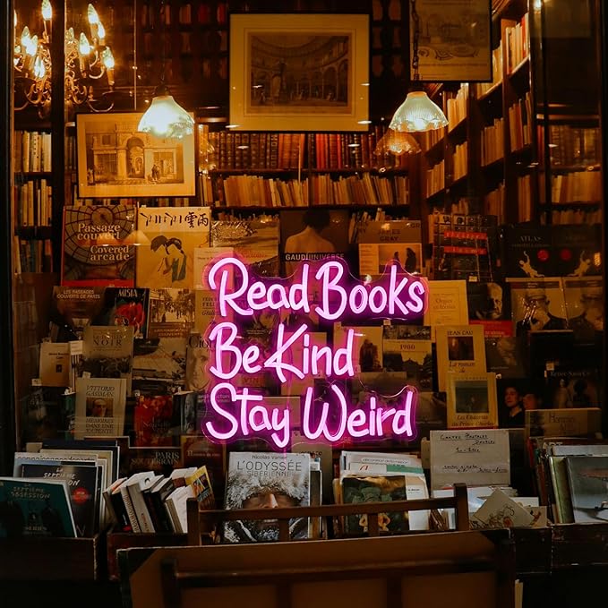 Read Books Be Kind Stay Weird Neon Sign USB Powered Pink Words LED Light Up Sign for Wall Decor Dimmable LED Read Kind Neon Light for Reading Room Bookstore School Library Book Lover Gifts