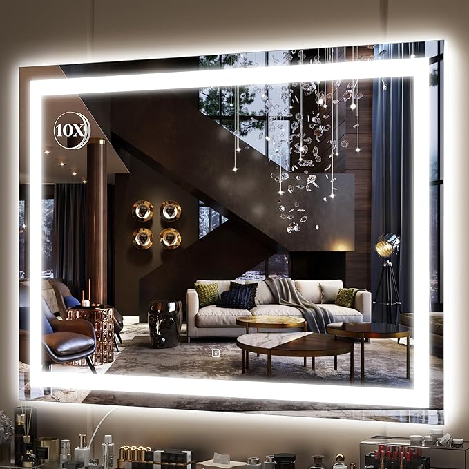 FENNIO Large Vanity Mirror with Lights，38" x 28" LED Makeup Mirror，Hollywood Mirror with 3 Color Modes & Adjustable Brightness，Vanity Mirror Square White