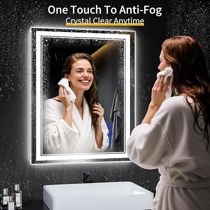 30"x24" LED Bathroom Mirror with Anti-Fog, Stepless Dimmable Lights, 3 Color Modes, Shatter-Proof Tempered Glass, Memory Function & Waterproof Design