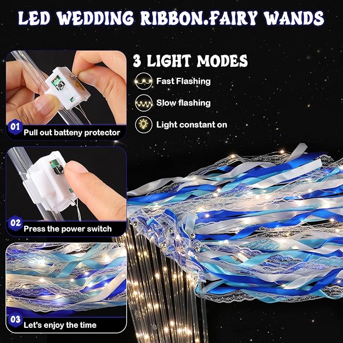 100 Pcs Wedding Wands Ribbon with 3 Colorful Flashing Modes, Light up LED Silk Fairy Wands, Glow Lace Stick with Bells for Wedding Reception, Graduation, New Year, Birthday Party (Blue)