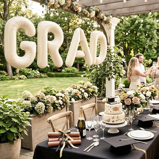 Biapian 40 Inch GRAD Balloons, Cream Letter Balloon, Beige Graduation Decorations, Large Banner With White Ribbon for Class of 2024 Party