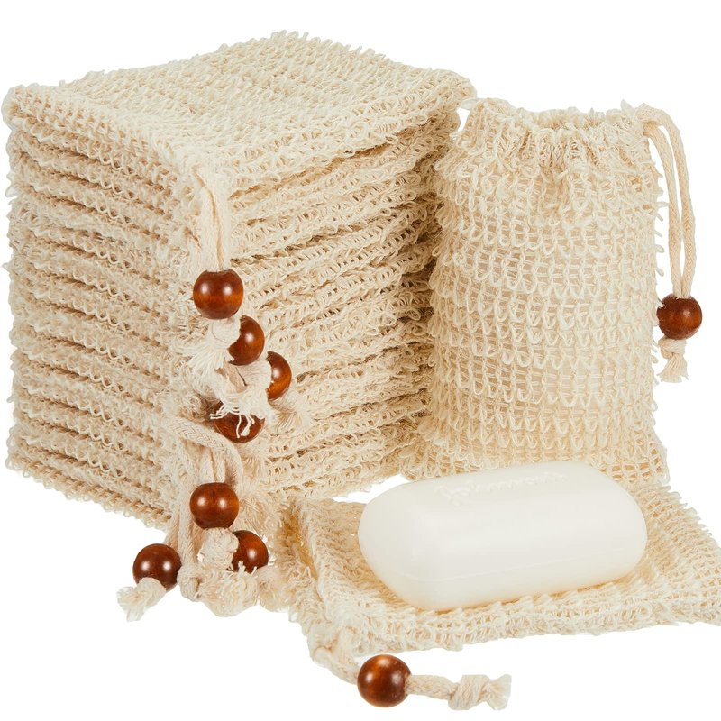 Cunhill 40 Pack Soap Saver Bag Exfoliating Soap Pouch with Drawstring Bar Wooden Bead Foaming and Drying Exfoliating Net for Bath and Shower (3.5x5.5 Inch)