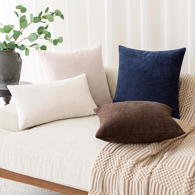 Foindtower Set of 2 Soft Textured Chenille Throw Decorative Pillow Covers Square Accent Solid Cushion Cover Cozy Neutral Farmhouse Pillow Case for Couch Sofa Bedroom Living Room 26x26 Inch, Chocolate