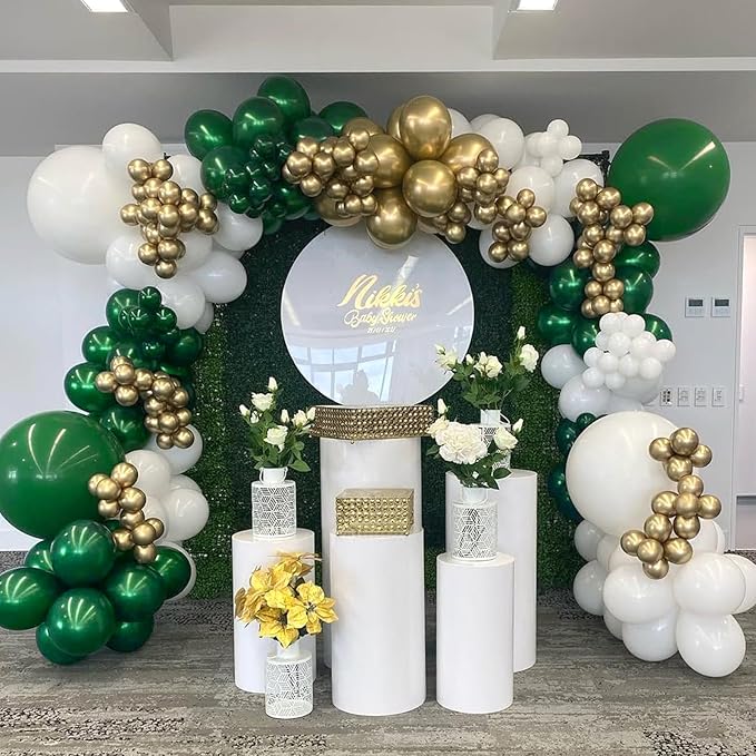 Green and Gold Balloons Garland Arch Kit,144pcs 18/12/10/5inch Emerald Green White Metallic Gold and Confetti Balloon for Birthday Wedding Baby Shower St. Patrick's Day Jungle Theme Party Decoration