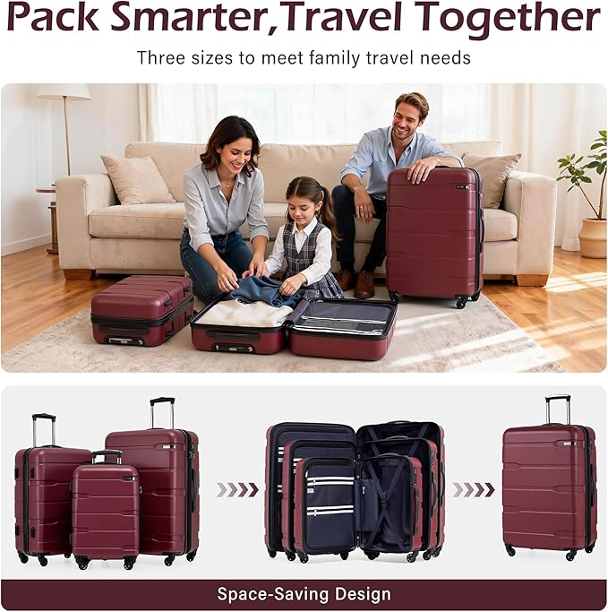 Coolife Luggage Set 3 Piece Hardside PC+ABS Suitcase with TSA Lock, Expandable Large Checked Luggage, Lightweight Rolling Carry On with Spinner Wheels(20/24/28 Inch, Radiant Pink)