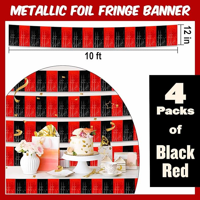4 Pack 10 Ft Black and Red Foil Fringe Garland Metallic Streamers Tinsel Banner Wall Hanging Garland Backdrop for Parade Floats, Halloween, Christmas, Thanksgiving, New Year Party Decorations